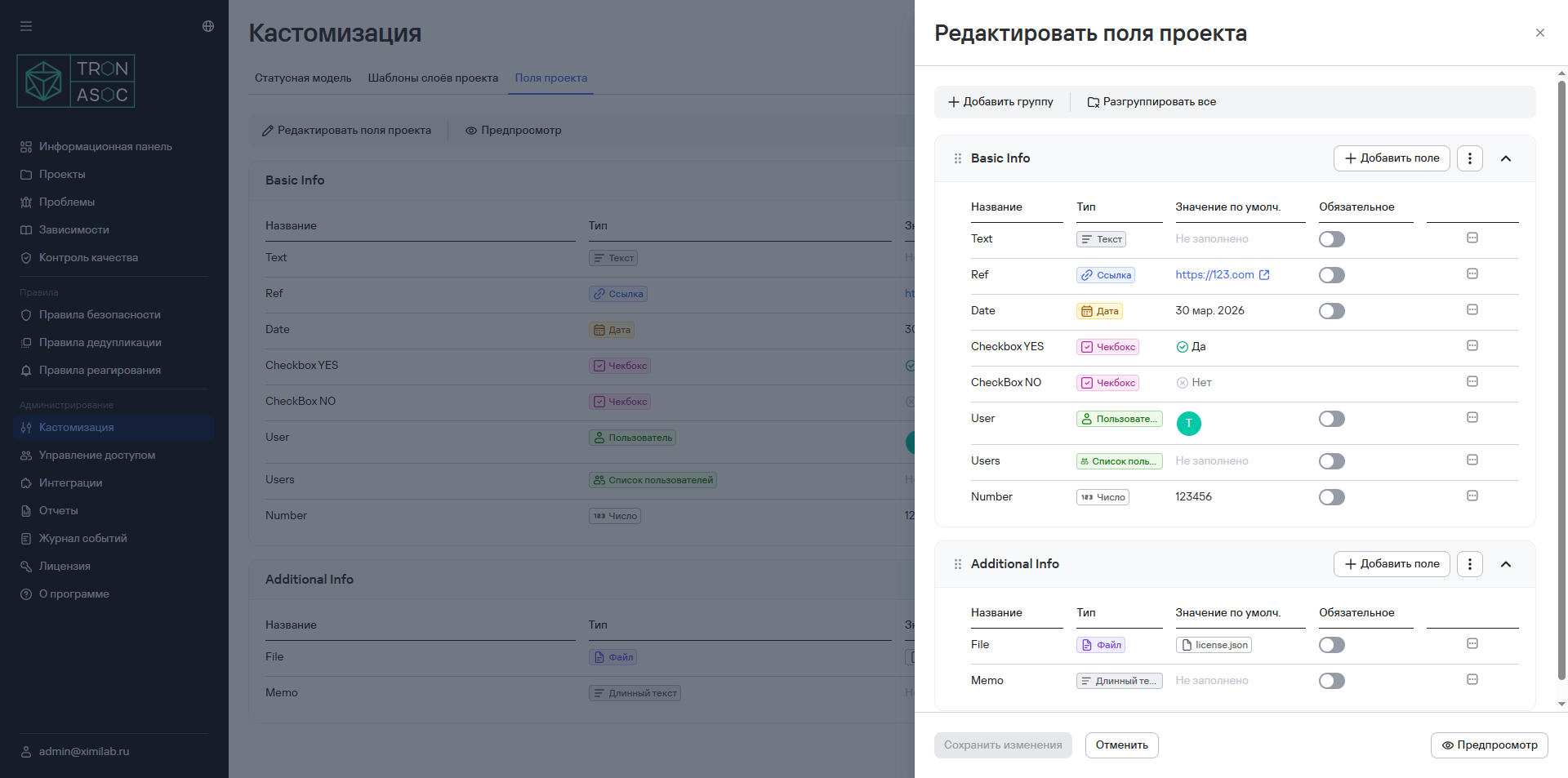 Окно редактирования полей проекта